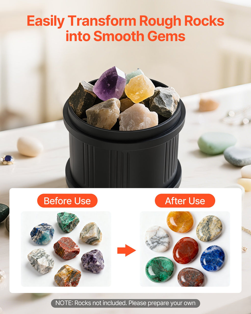 Black container with rough rocks and smooth stones, transformation shown, on a light background.