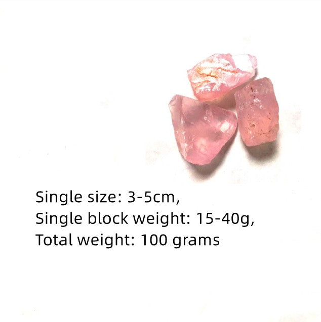 Three pink crystals on a white background with text about size and weight.