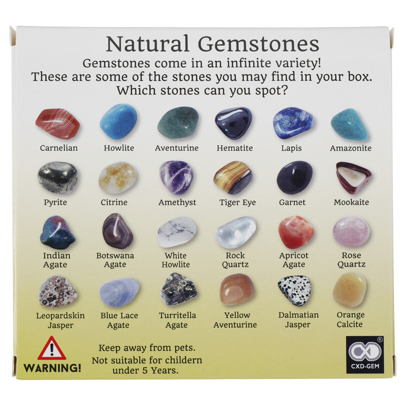 Chart of natural gemstones with images and names on a white background