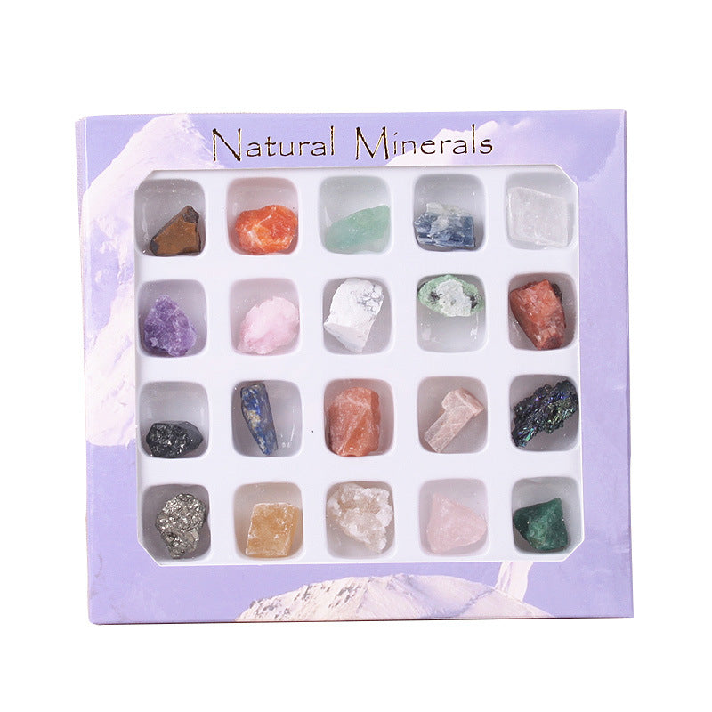 Box of natural minerals with a purple border and mountain graphic