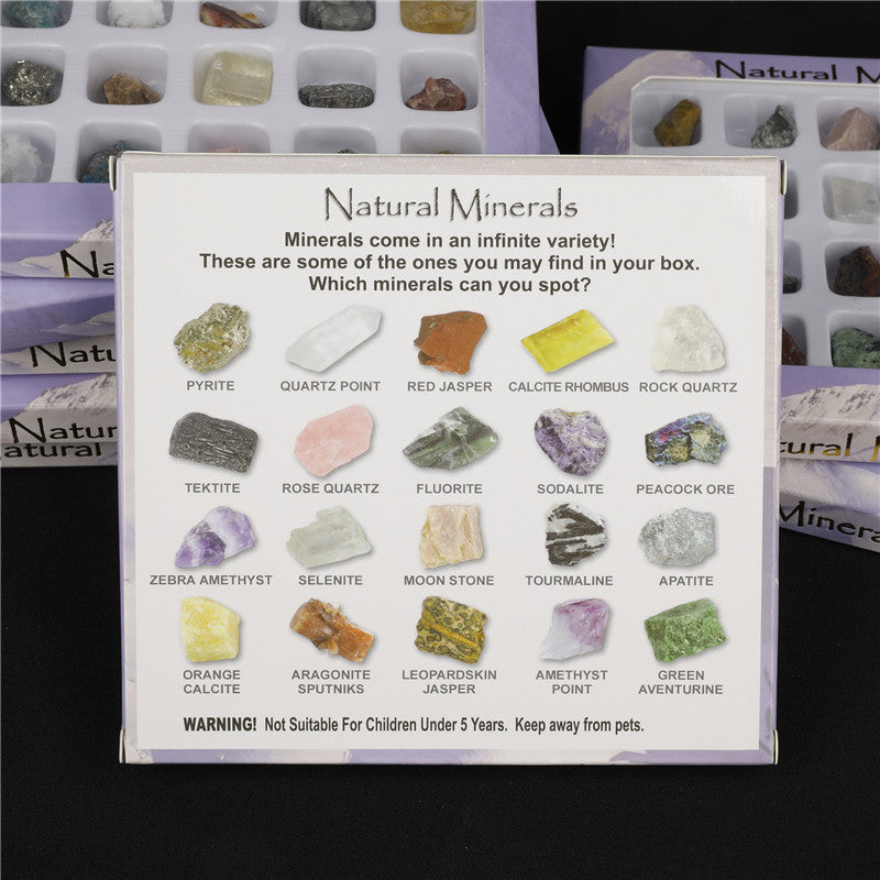 Box of natural minerals with a list of minerals and warning label.