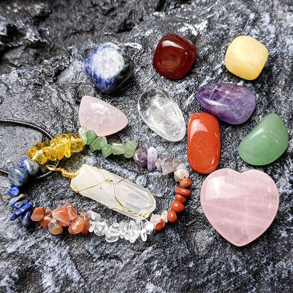 Natural stone gift set box open showing crystal collection