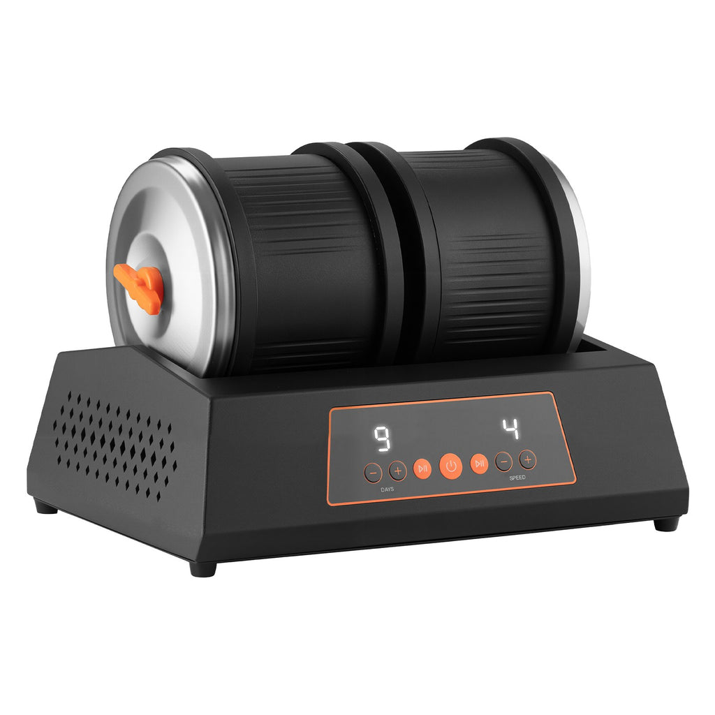 Black cylindrical device with digital display on a white background